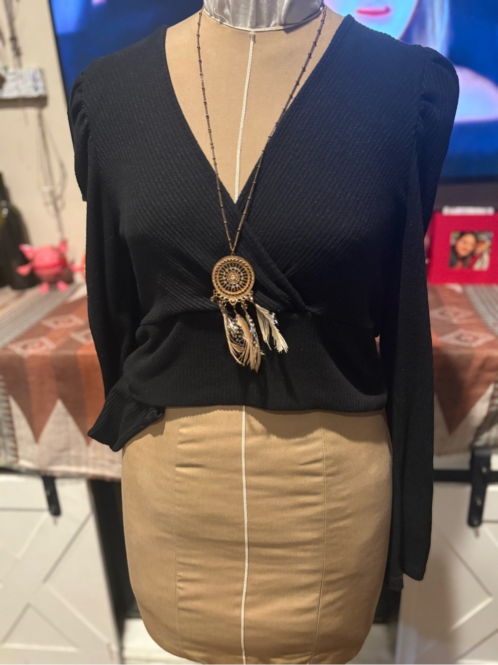 Revamped Black Wrap-Front Long Sleeve V-Neck Top